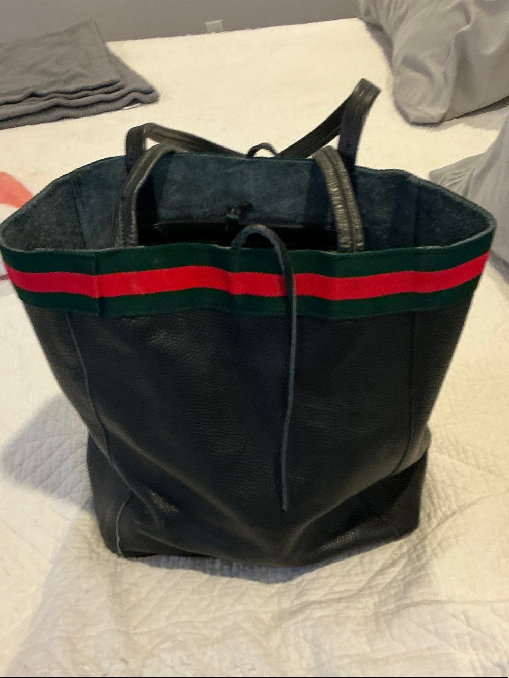 Ladies  Black Leather Tote with Green and Red Accent bought in Italy.